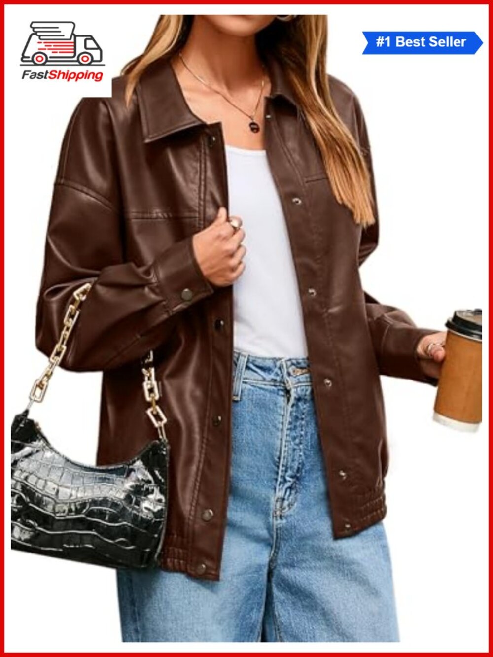 ✨ Womens Faux Leather Jacket Oversized Button Down Motorcycle Bomber Fall